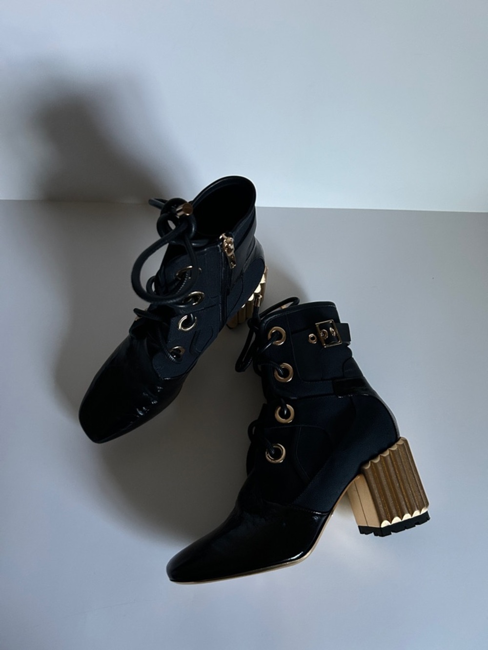 Dior Black Lace-Up Ankle Boots with Gold Ribbed Block Heel - Picture 2 of 6